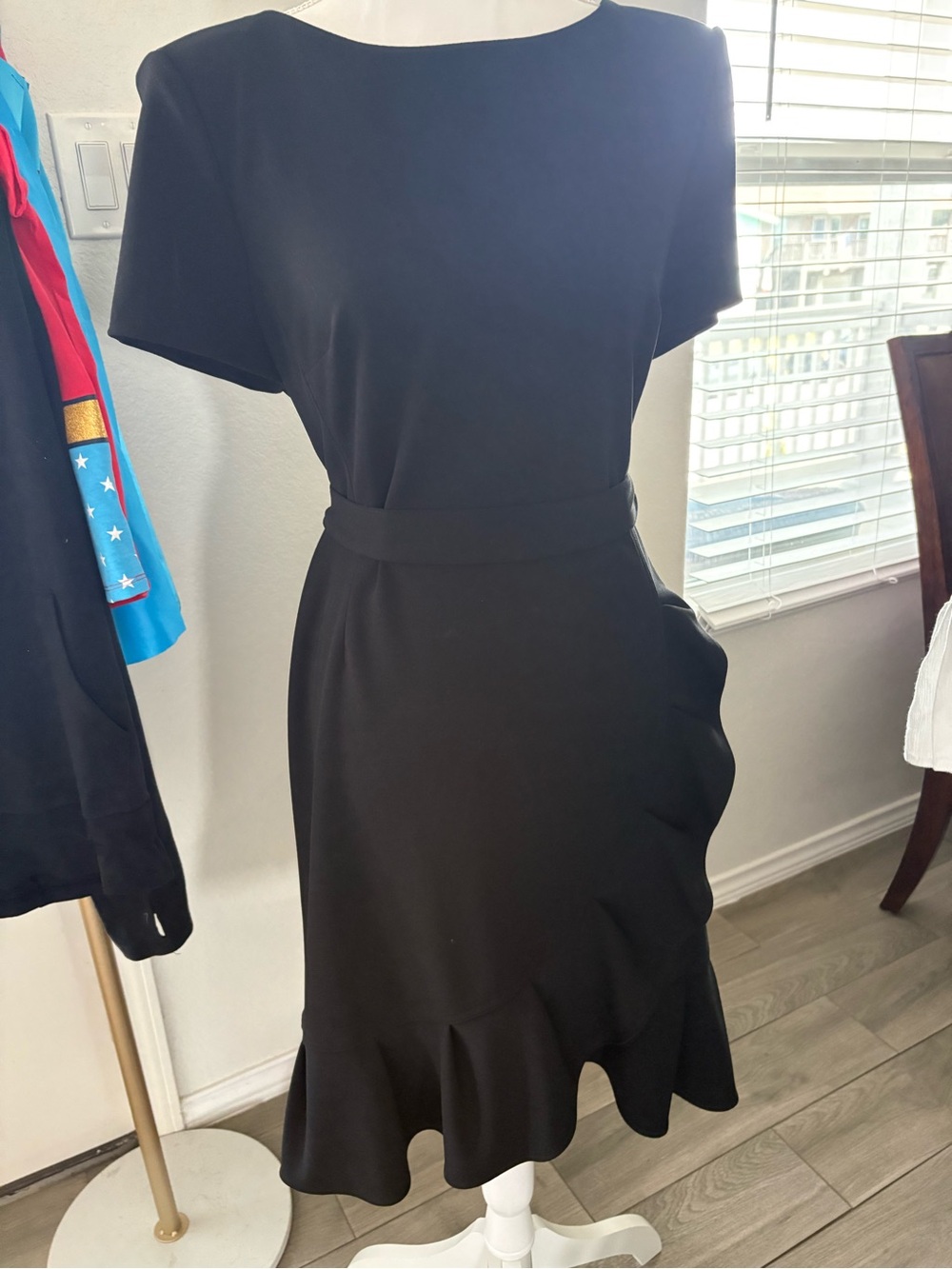 Calvin Klein Black Short-Sleeve Belted Ruffle-Hem Dress